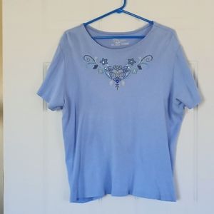 Classic Elements light blue top with sequins, beads and embroidery on front. XL